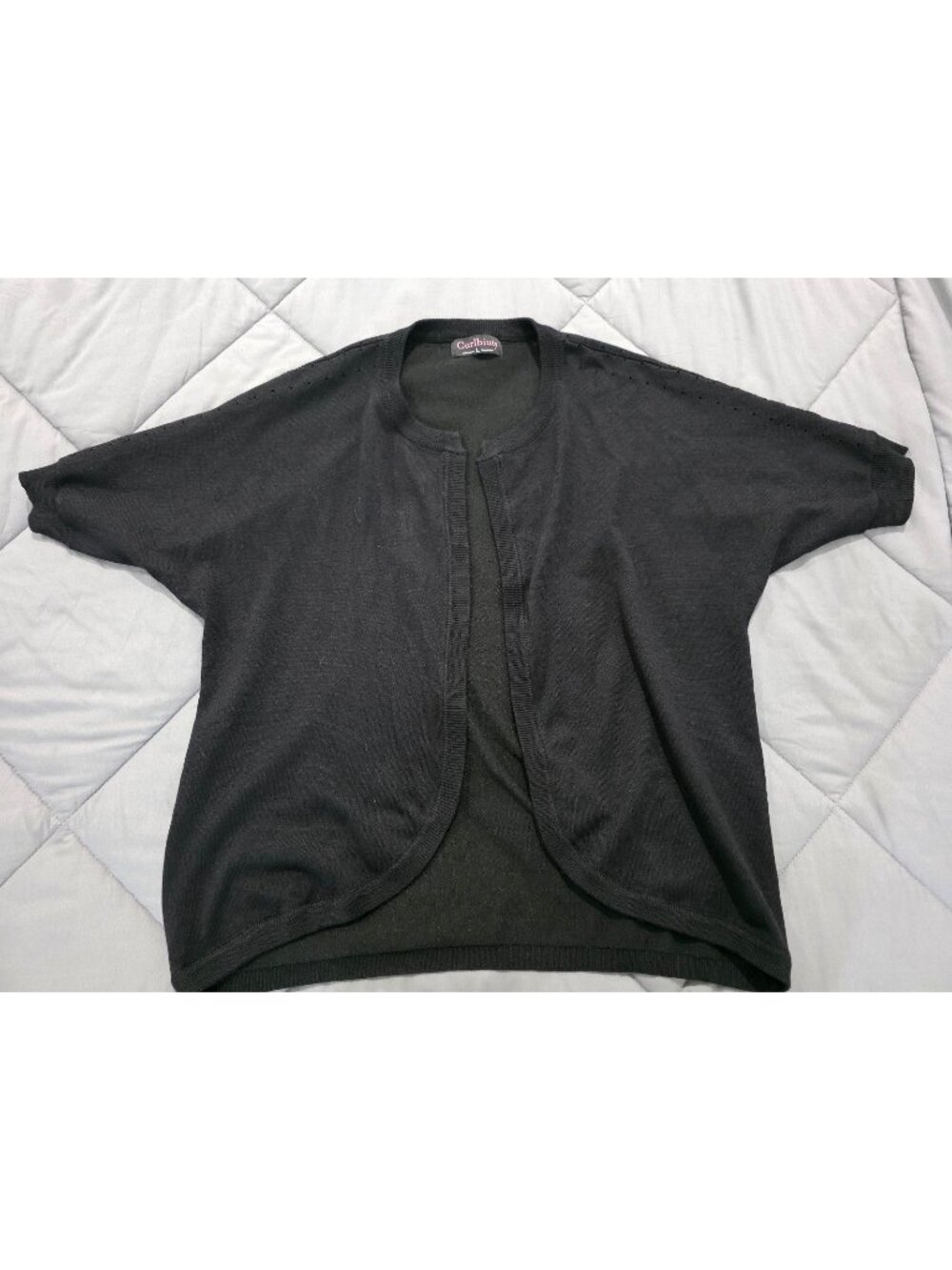 Women’s Sz L Curlbiuty Black Cardigan Short Sleeves perforated shoulders